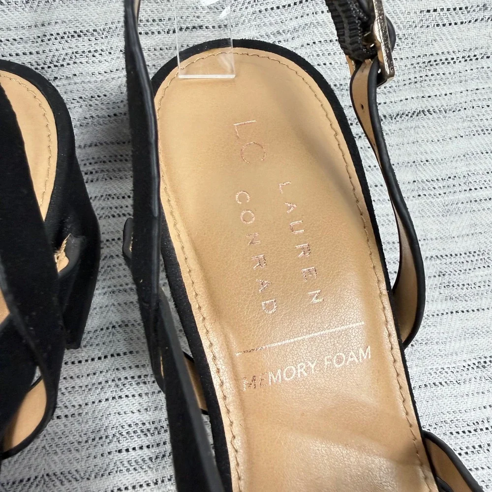 Lauren Conrad Black Suede Block Heel Strappy Sandals Square Toe Sz 7 Dressy